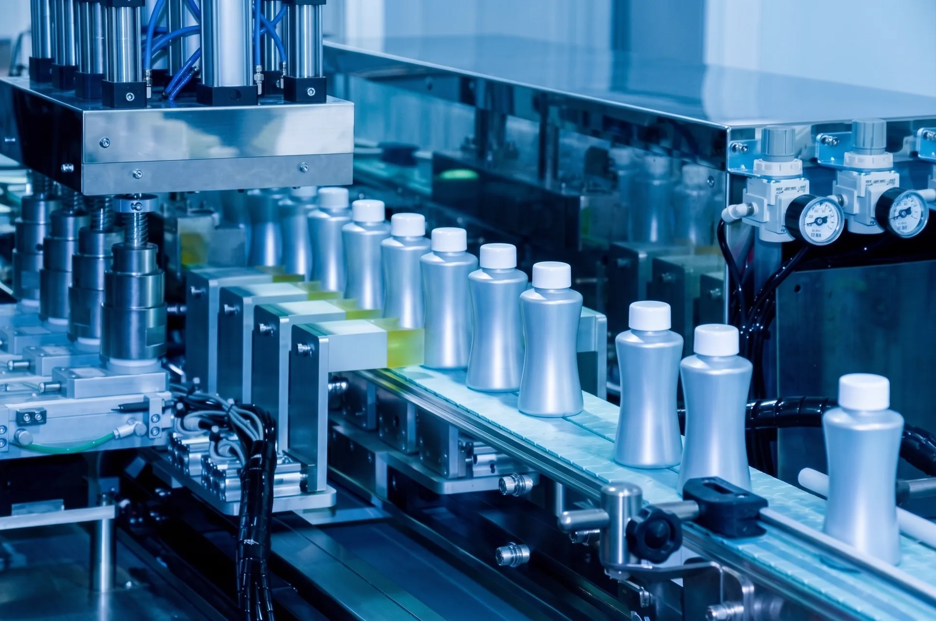Linha de envase automatizada com atuadores pneumáticos e reguladores de pressão